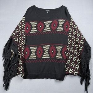 Hannah Poncho Sweater Medium Black Burgundy Geometric‎ Fringe Cape
